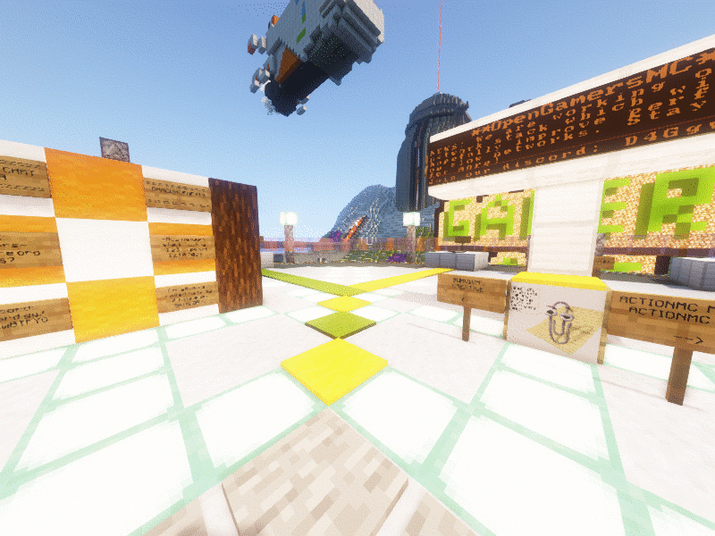 A view from the platform in the middle of the futuristic city showing multiple signs and a spaceship