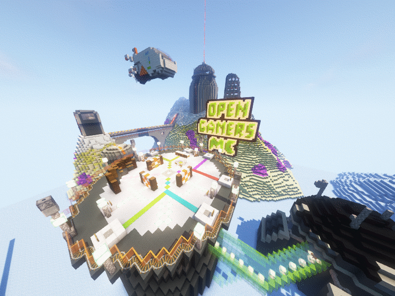 A futuristic city with a large sign showing the letters OGMC